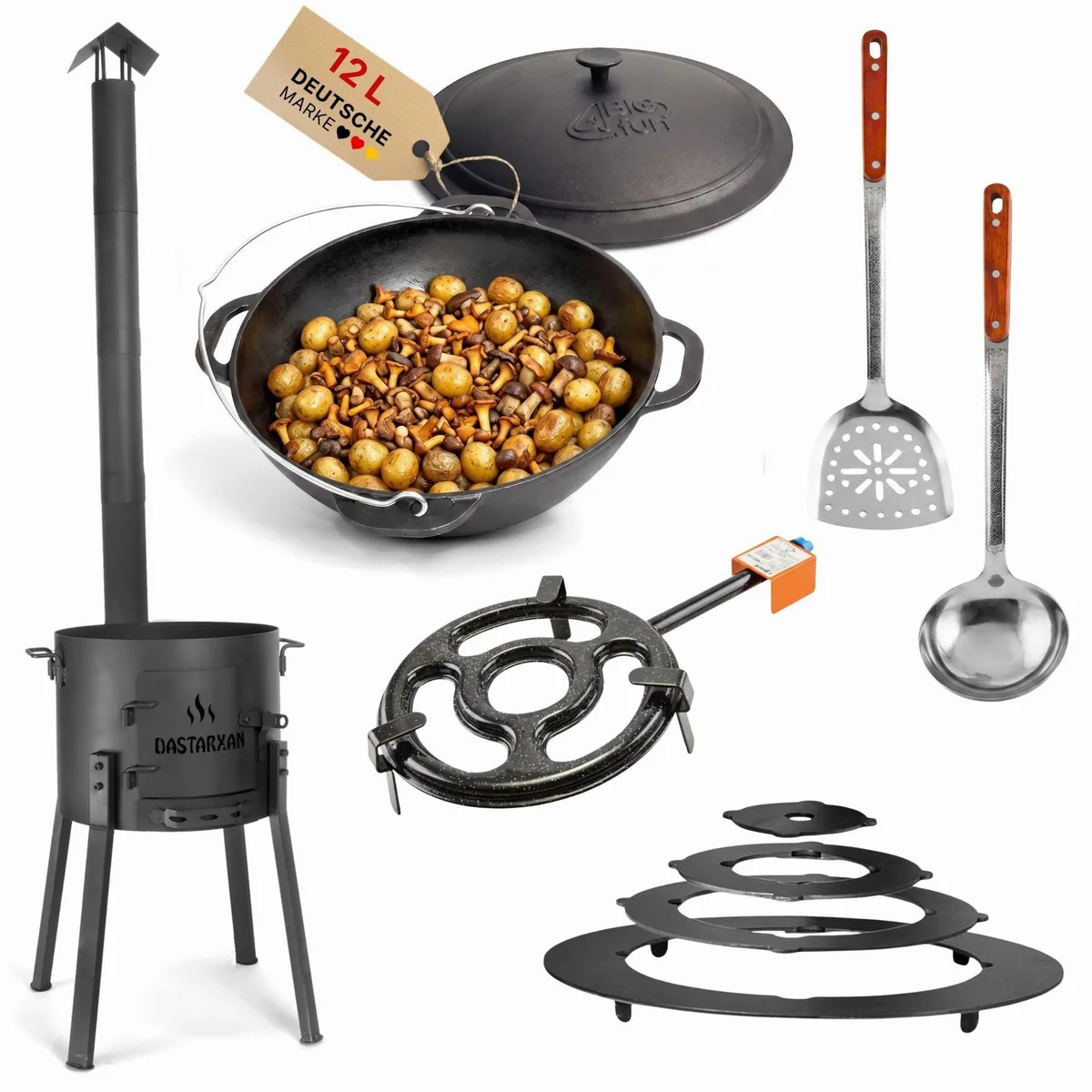 BIG-PAN Feuerstelle Premium Utschak Komplettset, 12L Gusseisenkessel, robuster Stahl-Ofen, vielseitige Adapterringe