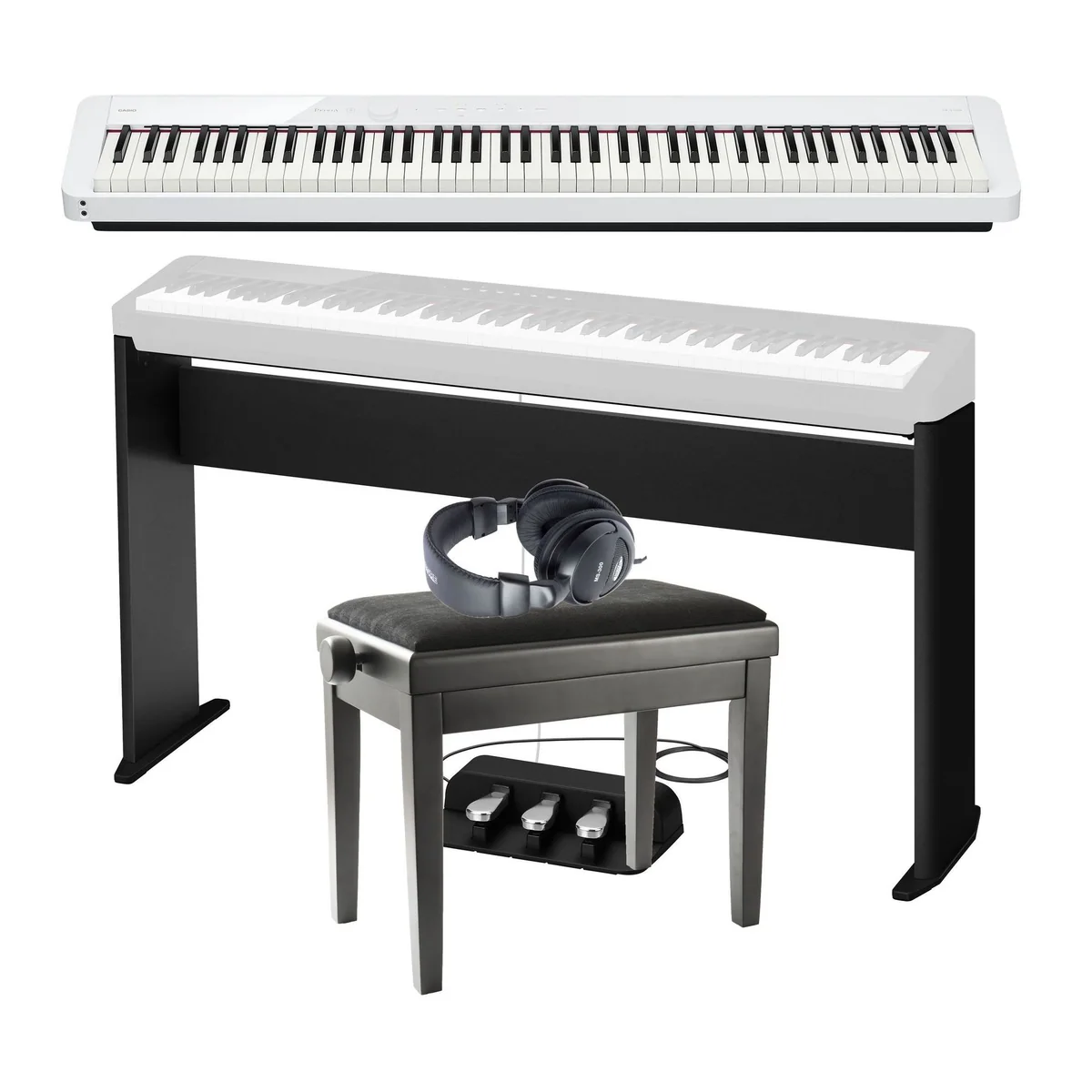 CASIO PX-S1100 WH Deluxe Stagepiano Set, 88 Hammermechanik-Tasten, 192-stimmige Polyphonie, USB MIDI