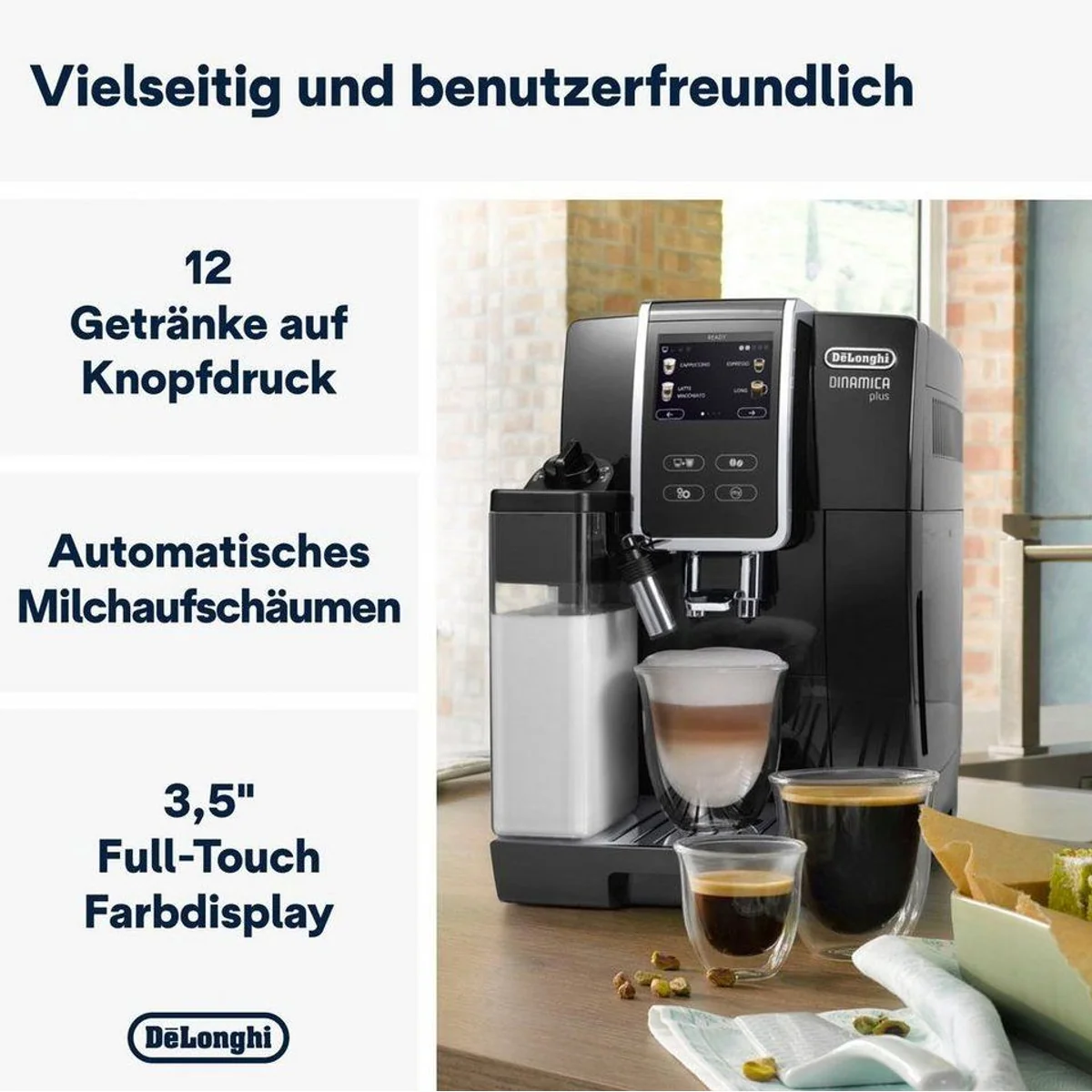 De'Longhi Kaffeevollautomat Dinamica Plus ECAM370.70.B, 14 Rezepte, Milchschaum-System, 3,5" Touchscreen 3