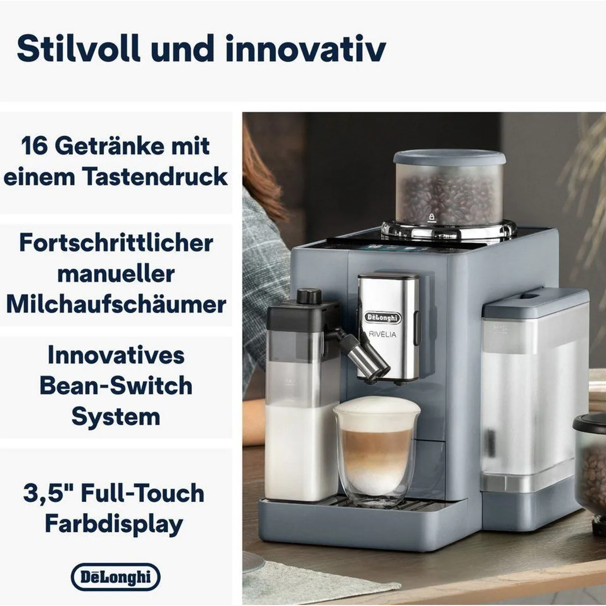 De'Longhi Rivelia EXAM440.55.G, 16 Kaffee-Rezepte, Bean-Switch-System, Touchdisplay 3