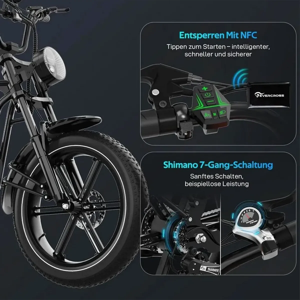 EVERCROSS TECH EK30 E-Bike, 48V Akku, 20" All-Terrain-Reifen, Shimano 7-Gang-Getriebe 2