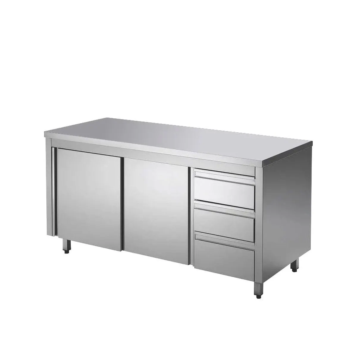 GastroHero Edelstahl Arbeitsschrank, 160x70 cm, Schiebetüren, 3 Schubladen