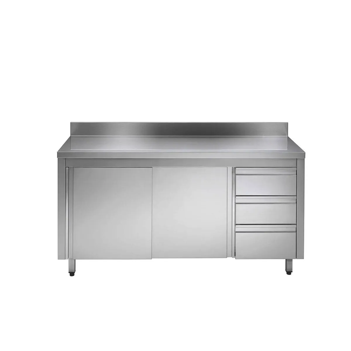 GastroHero Edelstahl Arbeitsschrank, 160x70 cm, Schiebetüren, 3 Schubladen 2