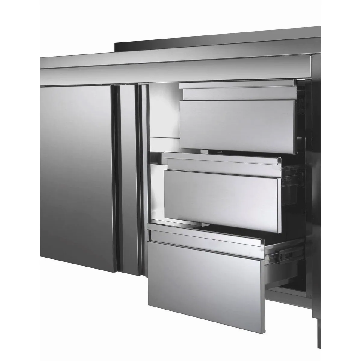 GastroHero Edelstahl Arbeitsschrank, 160x70 cm, Schiebetüren, 3 Schubladen 3