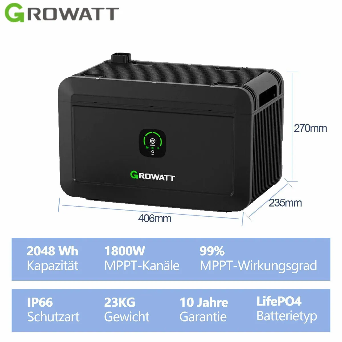 Growatt NOAH 2000 Balkonspeicher, 2048Wh Kapazität, IP66 Schutz, Smart App Control 3