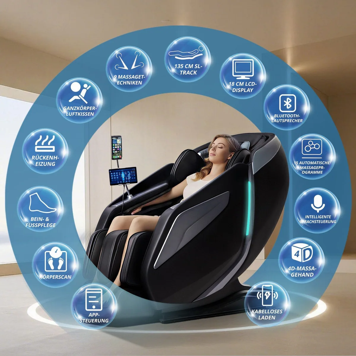 HealthRelife A337 Massagesessel, 15 Massage-Modi, Yoga-Stretching, 55 Zoll SL-Track 2