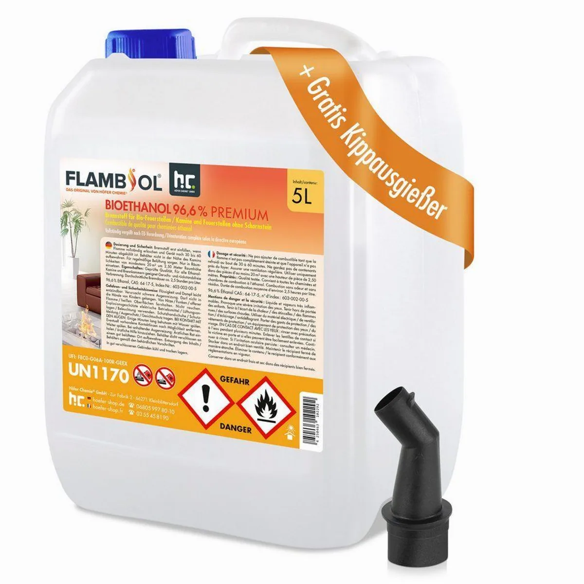 Höfer Chemie Bioethanol 5 L, 96,6% Reinheit, ca. 15 Stunden Brenndauer