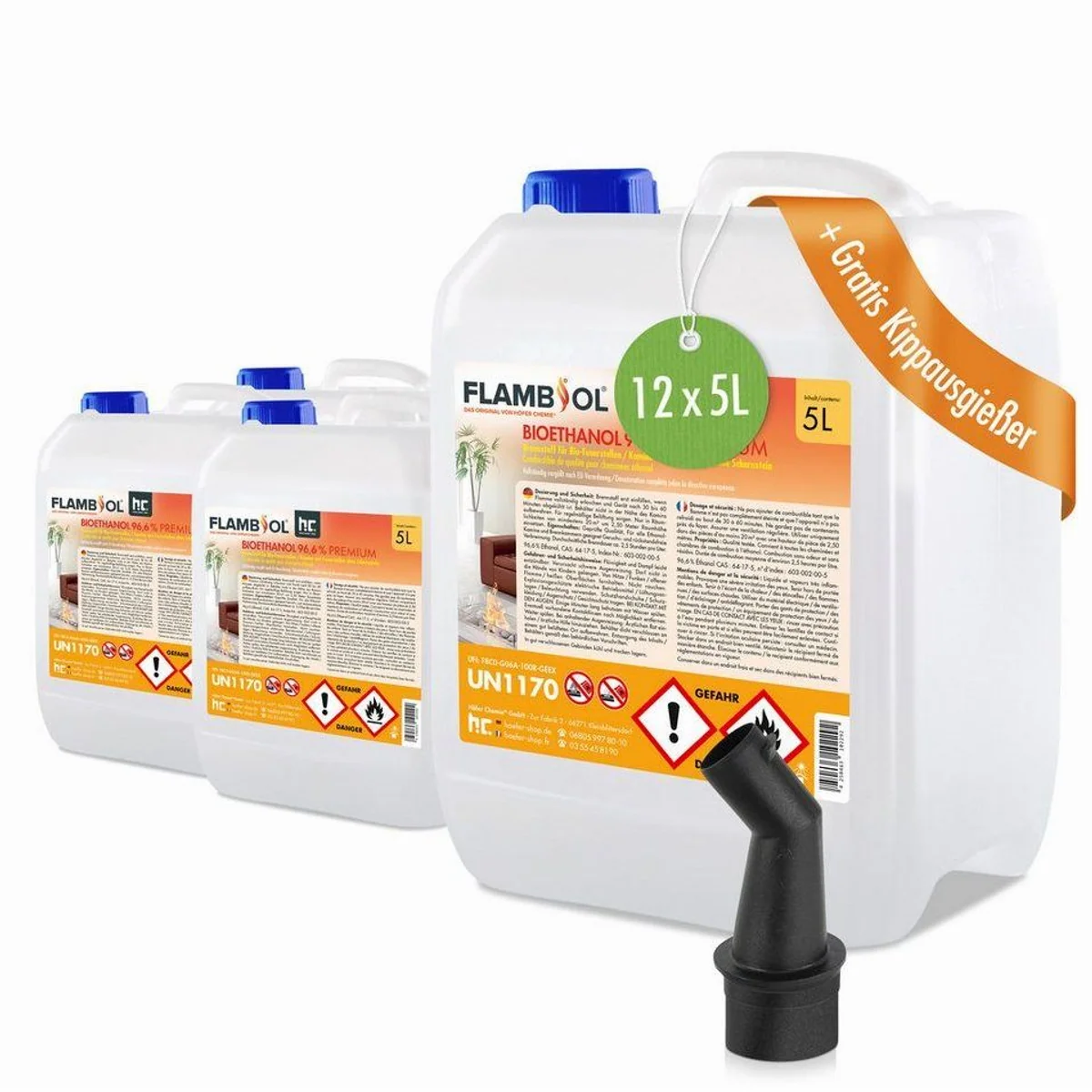 FLAMBIOL Bioethanol 96,6% Premium, 5L Kanister, saubere Verbrennung, einfache Handhabung