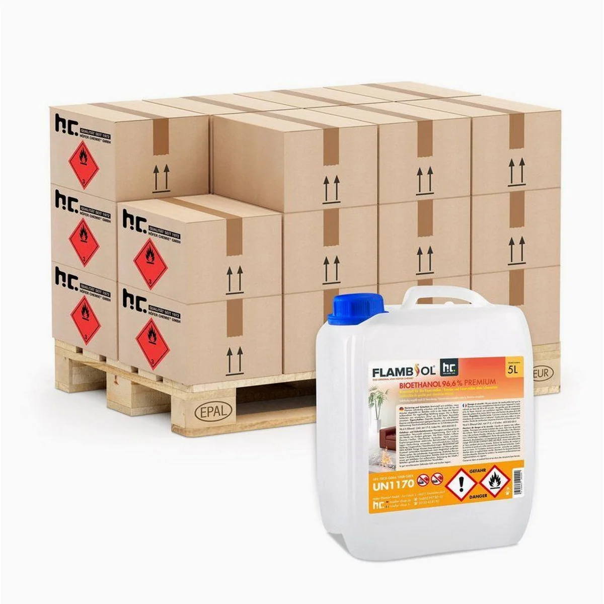 Höfer Chemie Bioethanol 5L, 96,6% Reinheit für Kamine — Saubere Verbrennung, lange Brenndauer, einfache Handhabung