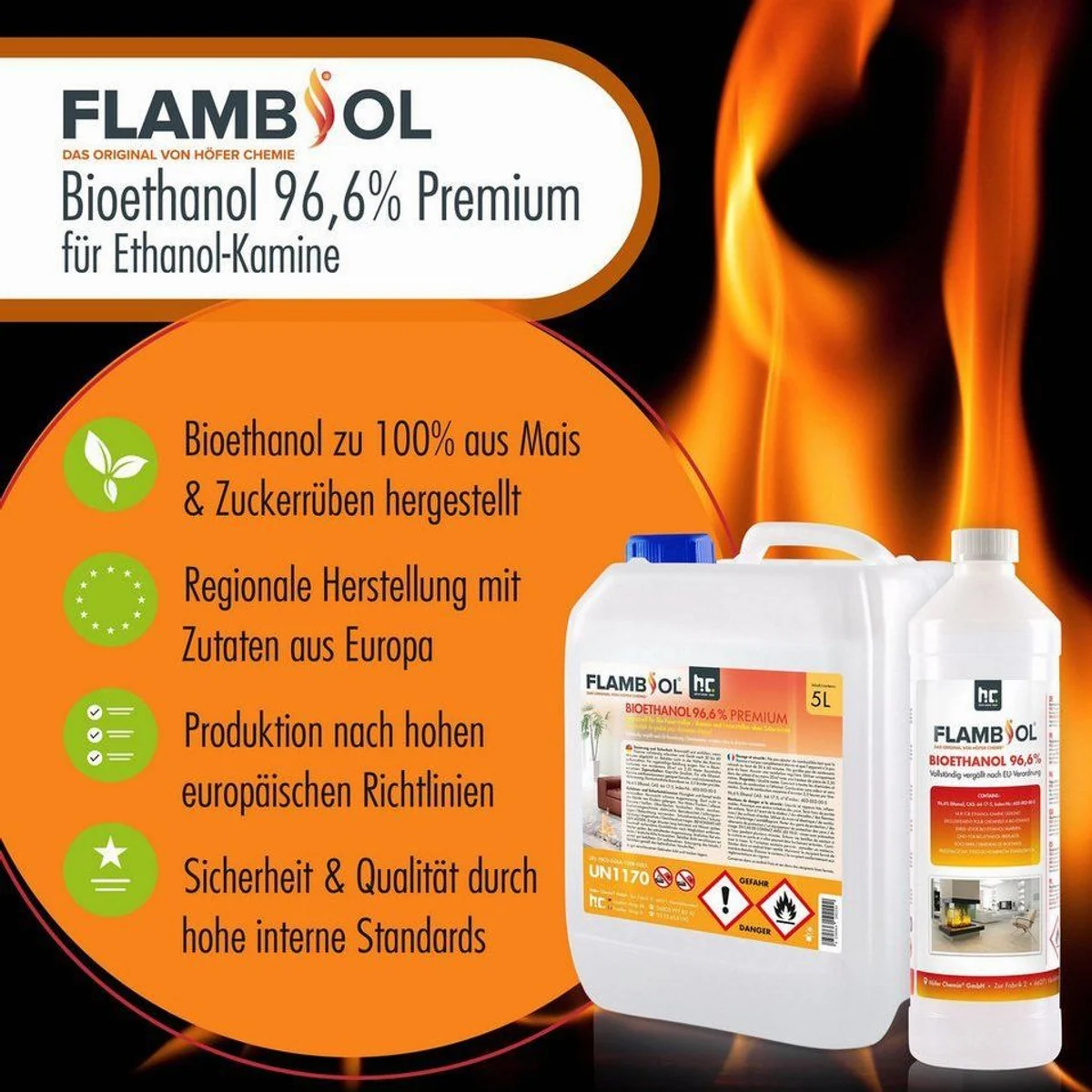 Höfer Chemie Bioethanol 5L, 96,6% Reinheit für Kamine — Saubere Verbrennung, lange Brenndauer, einfache Handhabung 4