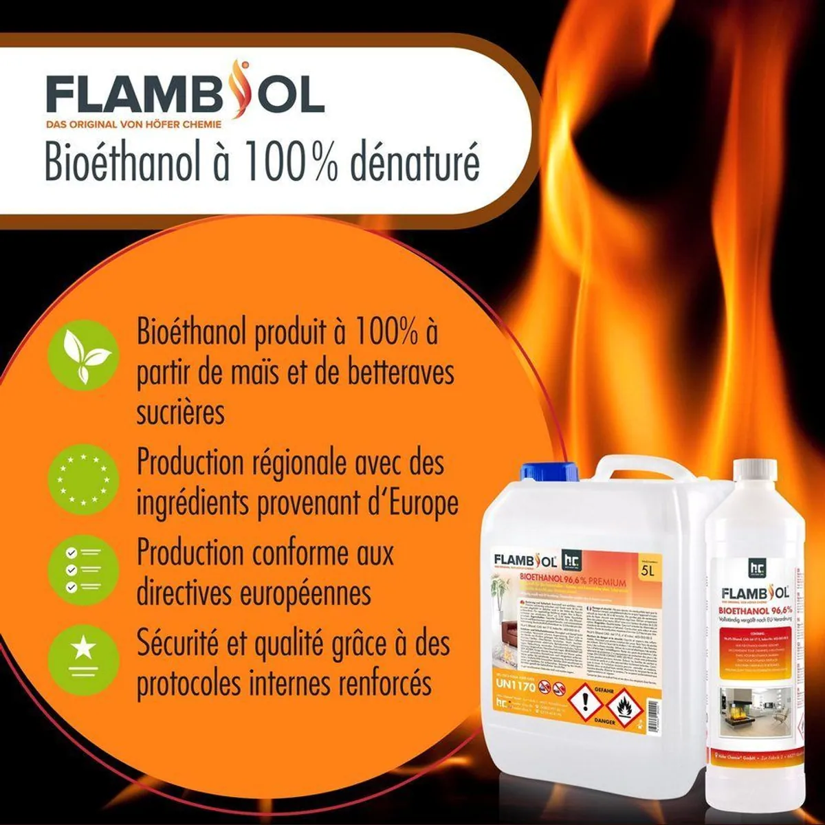 Höfer Chemie Bioethanol 5L, 96,6% Reinheit für Kamine — Saubere Verbrennung, lange Brenndauer, einfache Handhabung 5