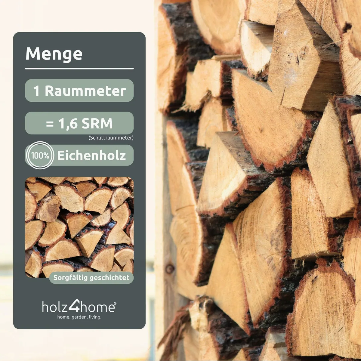 holz4home Kaminholz Eiche, kammergetrocknet, hoher Heizwert — 1 RM, 1,6 SRM 2