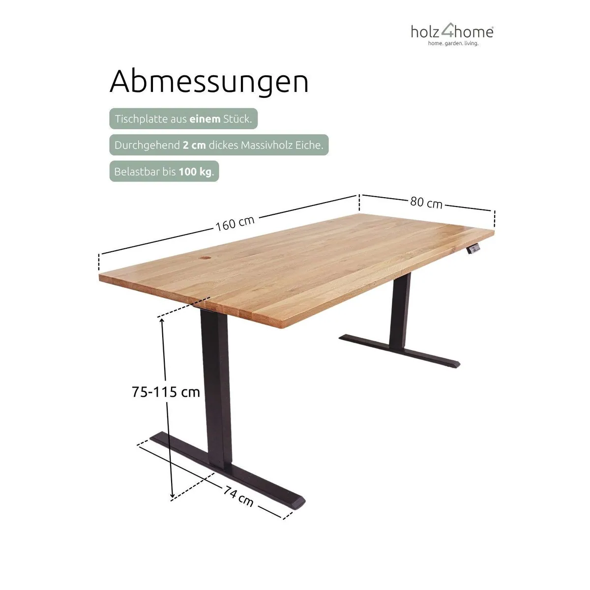 holz4home höhenverstellbarer Schreibtisch, Massivholzplatte Eiche, stabil und flexibel 2