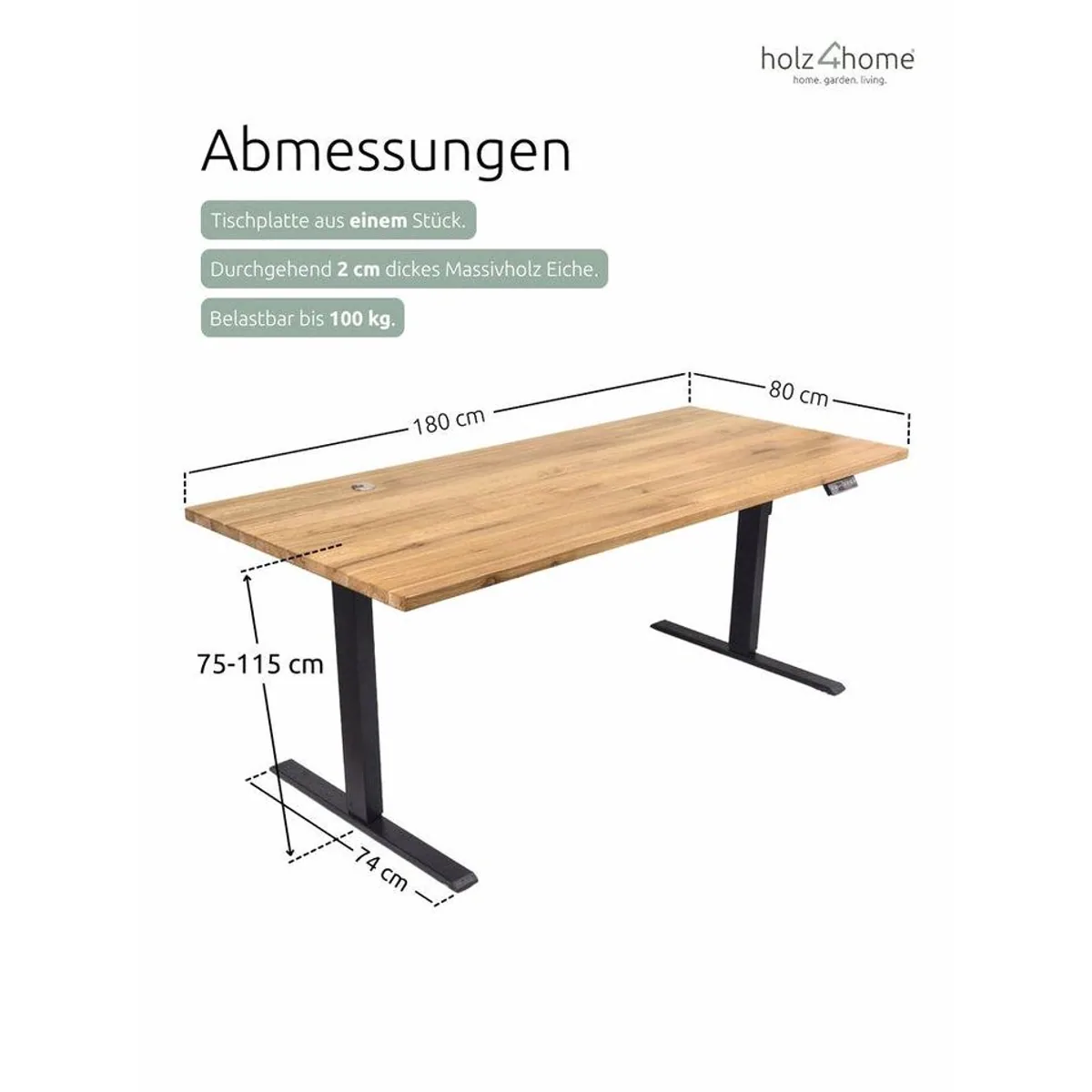holz4home höhenverstellbarer Schreibtisch, ergonomisch, stabile Metallkonstruktion, Eichenholzplatte 2