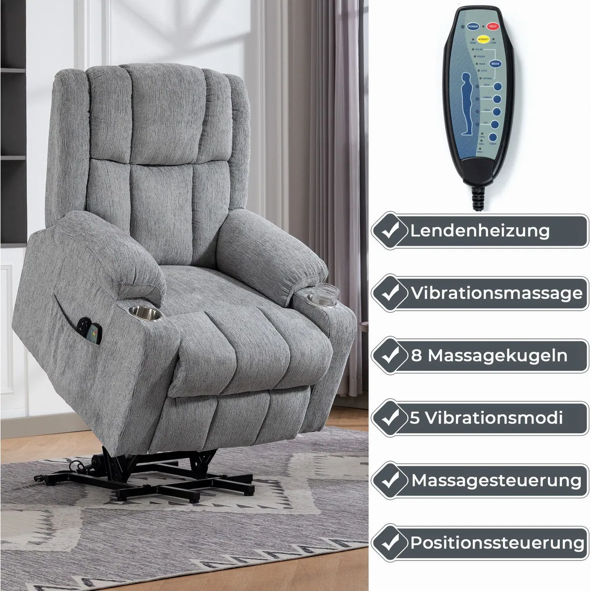 KLAM HOME Relaxsessel mit Aufstehfunktion, 4D-Vibration & Wärme — ideal für Senioren, stabiler Metallrahmen, einfache Bedienung 5