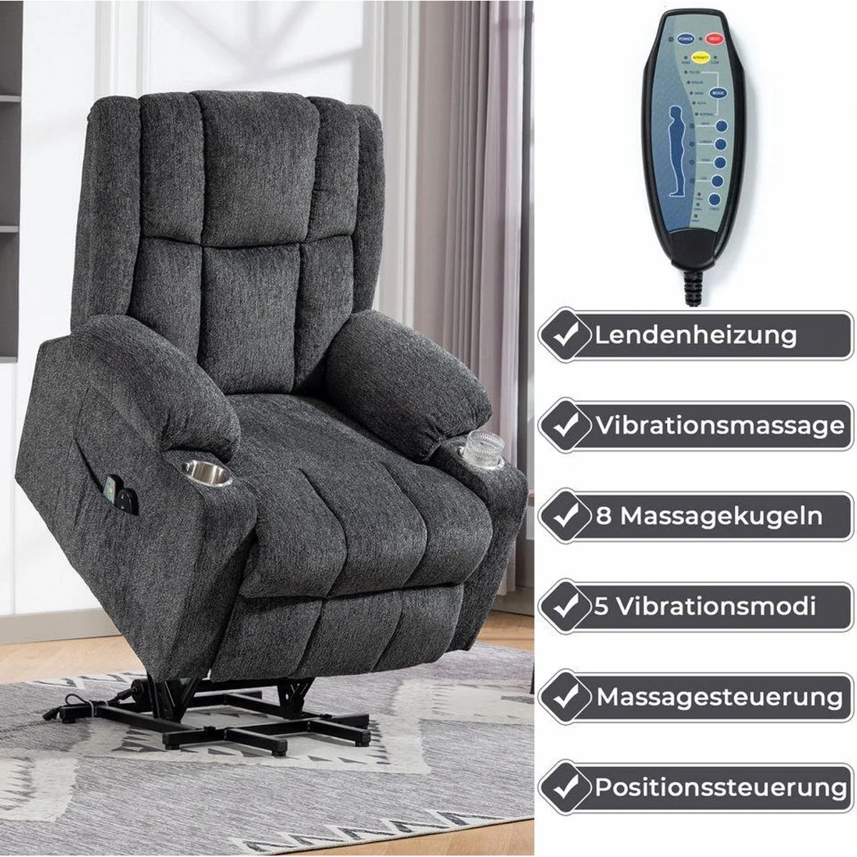 KLAM HOME Relaxsessel mit Aufstehfunktion, 4D-Vibration & Wärme — ideal für Senioren & Home-Office 5
