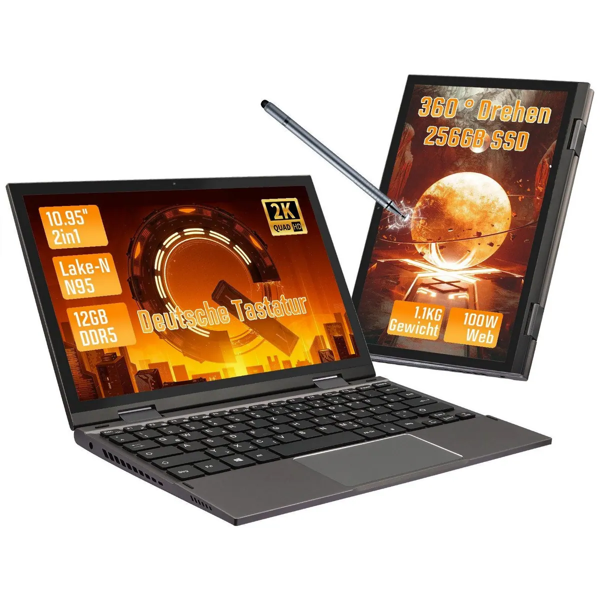 LONGEVINCE 10,95'' 2-in-1 Notebook, 360° drehbar, Touchscreen & Stift — kompakt, leistungsstark, vielseitig