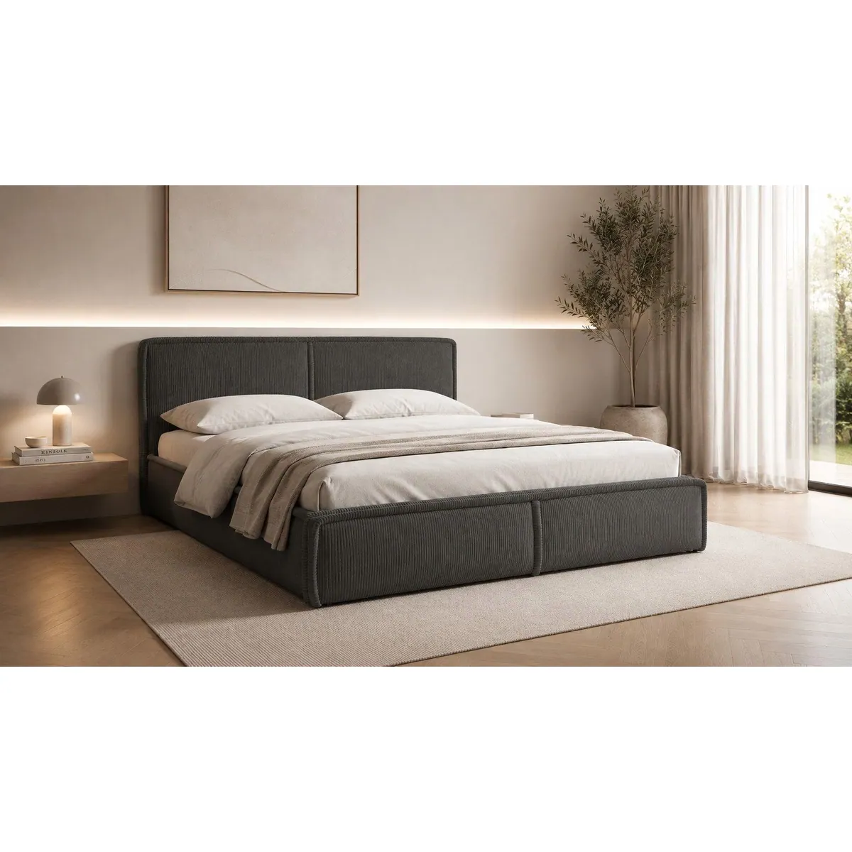 MOEBLO Polsterbett Bett 04, Cord-Bezug, Bettkasten, Kopfstütze
