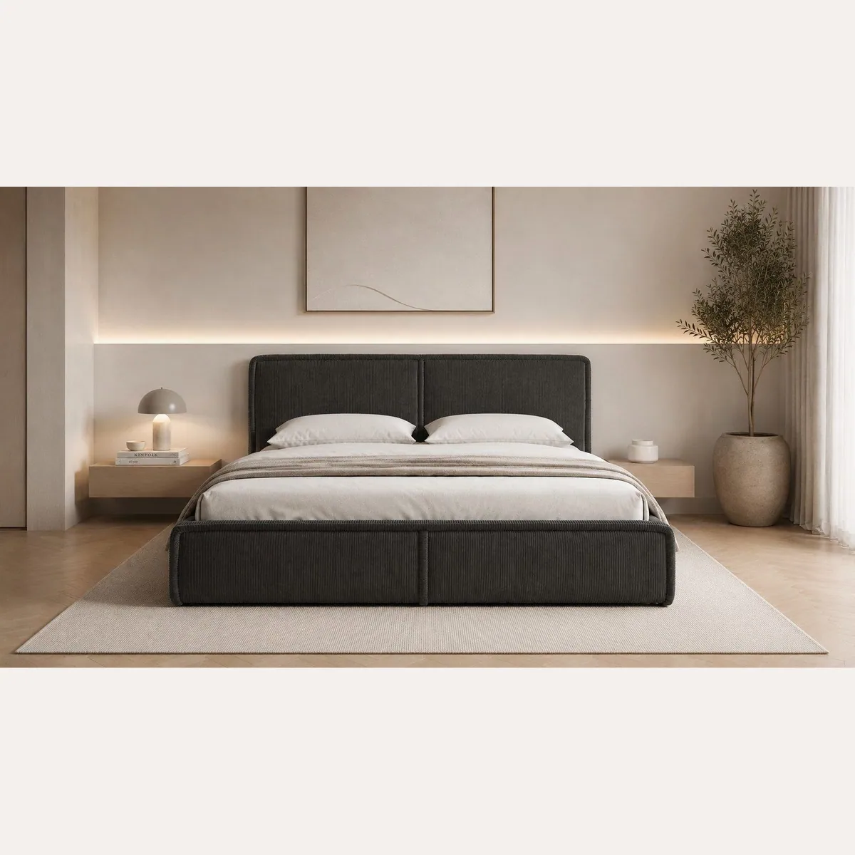 MOEBLO Polsterbett Bett 04, Cord-Bezug, Bettkasten, Kopfstütze 2