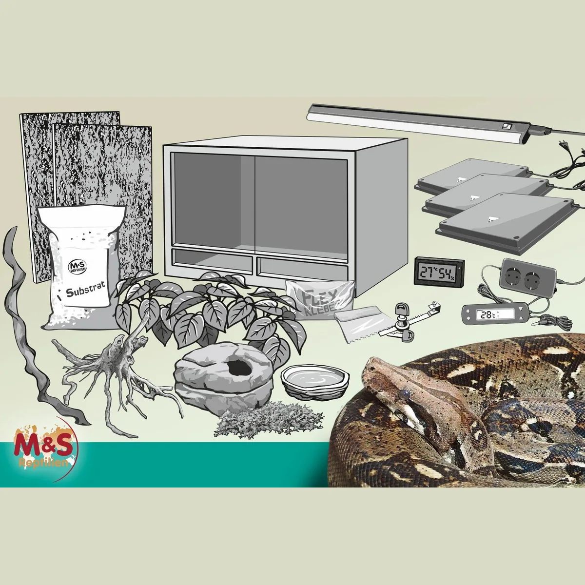 M&S Reptilien Terrarium Komplettset, ideal für Boas und Pythons, umfangreiches Zubehör 3