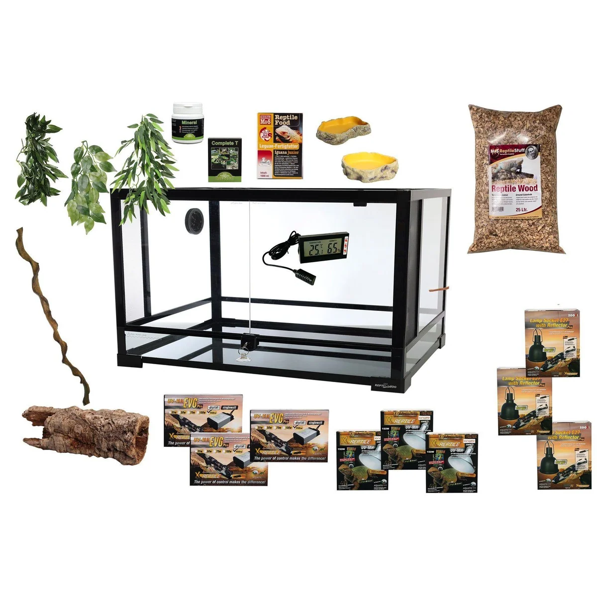 M&S Reptilien Terrarium Komplettset DELUXE, ideal für Leguane, umfangreiche Ausstattung