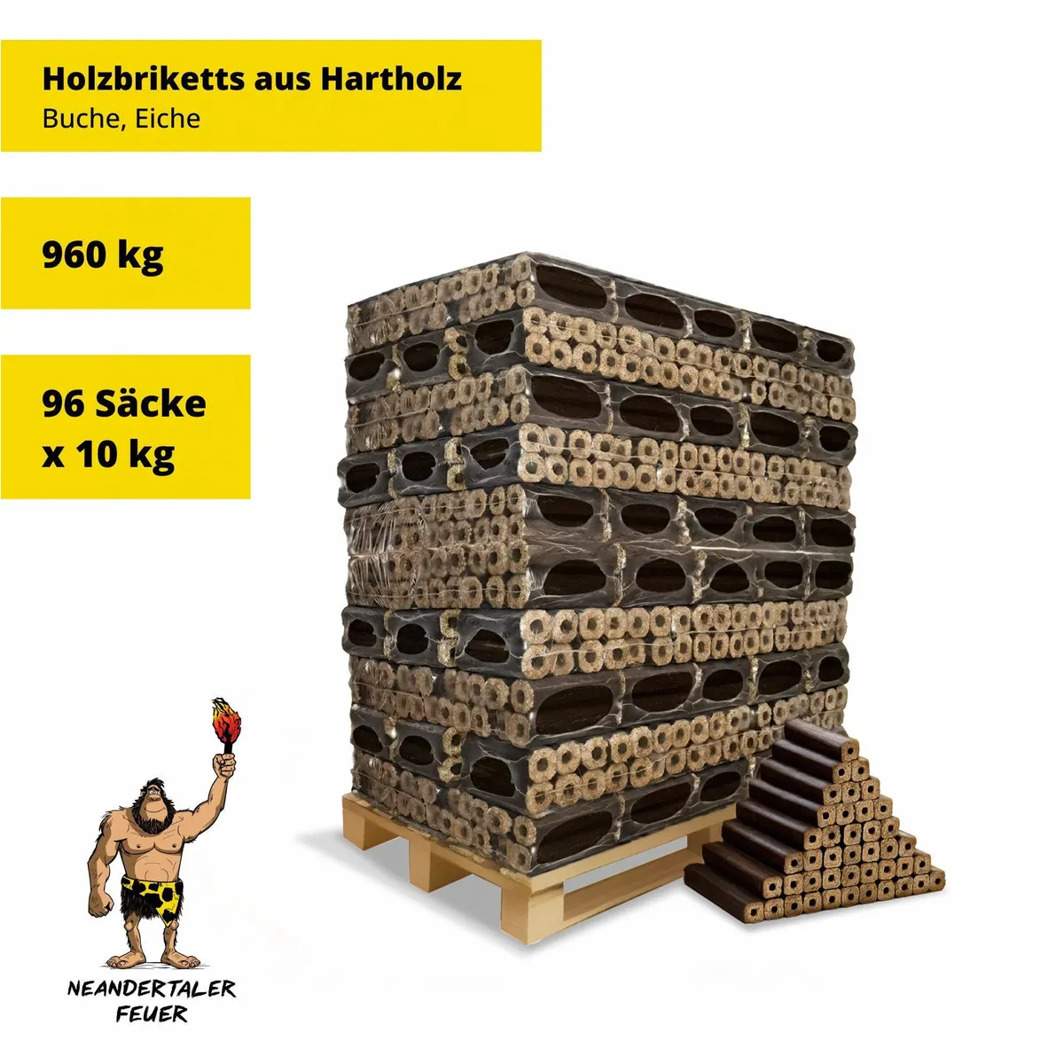 Neandertaler Feuer PiniKay Holzbriketts, 960 kg, 100% Hartholz Eiche & Buche 2