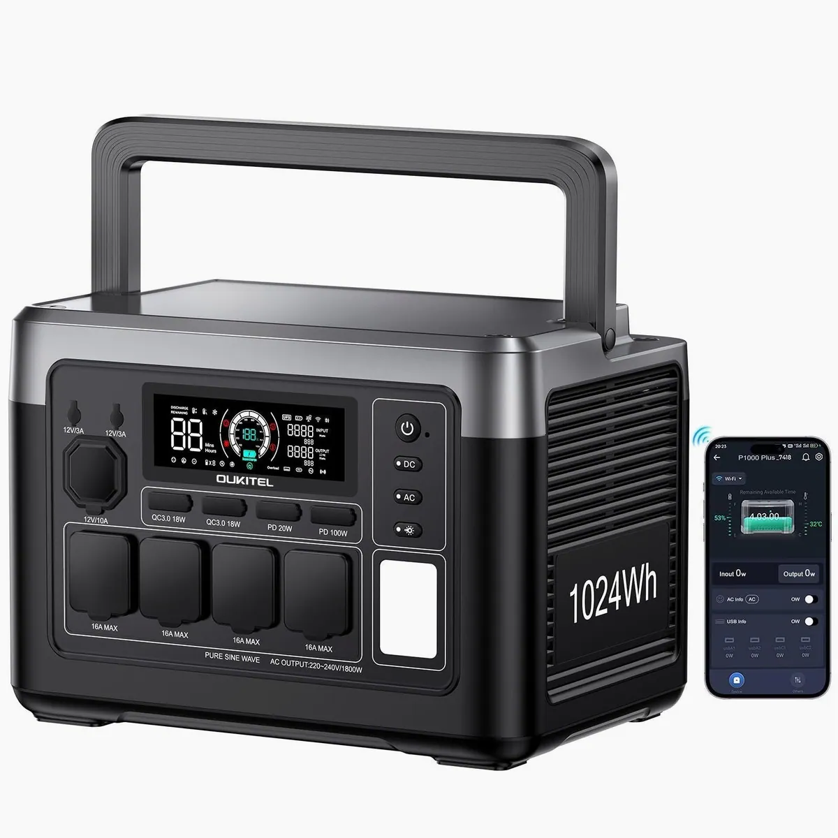 OUKITEL P1000E Plus Powerstation, 1800W Schnellladung, 1024Wh, 11 Anschlüsse