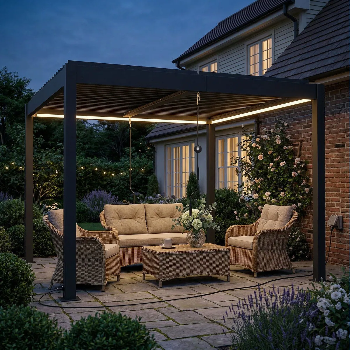 Outsunny Pergola mit LED-Beleuchtung, verstellbares Lamellendach, robustes Aluminium — 300x300x250 cm