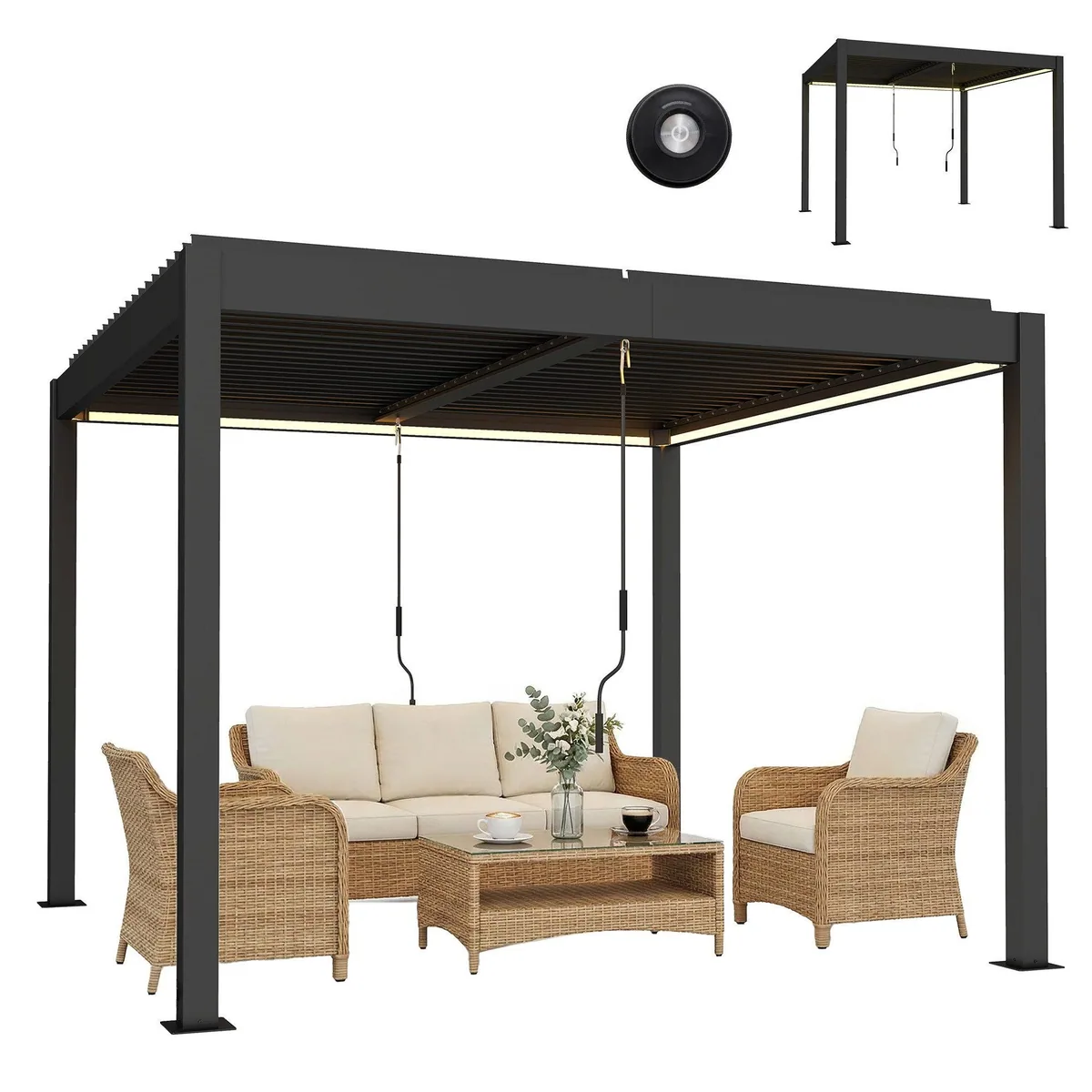 Outsunny Pergola mit LED-Beleuchtung, verstellbares Lamellendach, robustes Aluminium — 300x300x250 cm 2
