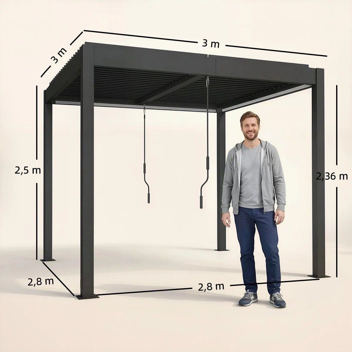 Outsunny Pergola mit LED-Beleuchtung, verstellbares Lamellendach, robustes Aluminium — 300x300x250 cm 3