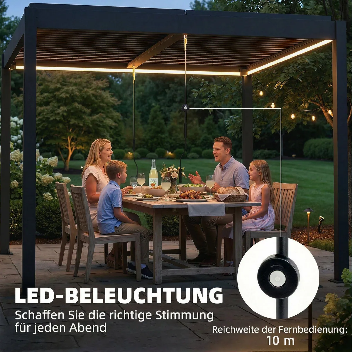 Outsunny Pergola mit LED-Beleuchtung, verstellbares Lamellendach, robustes Aluminium — 300x300x250 cm 4