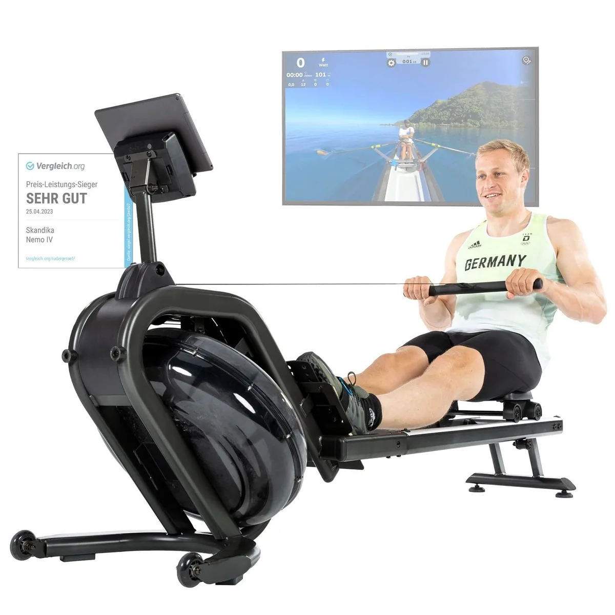 Skandika Nemo IV Rudergerät, 6 Widerstandsstufen, Bluetooth — Ergonomisch, App-kompatibel, Wasserwiderstand