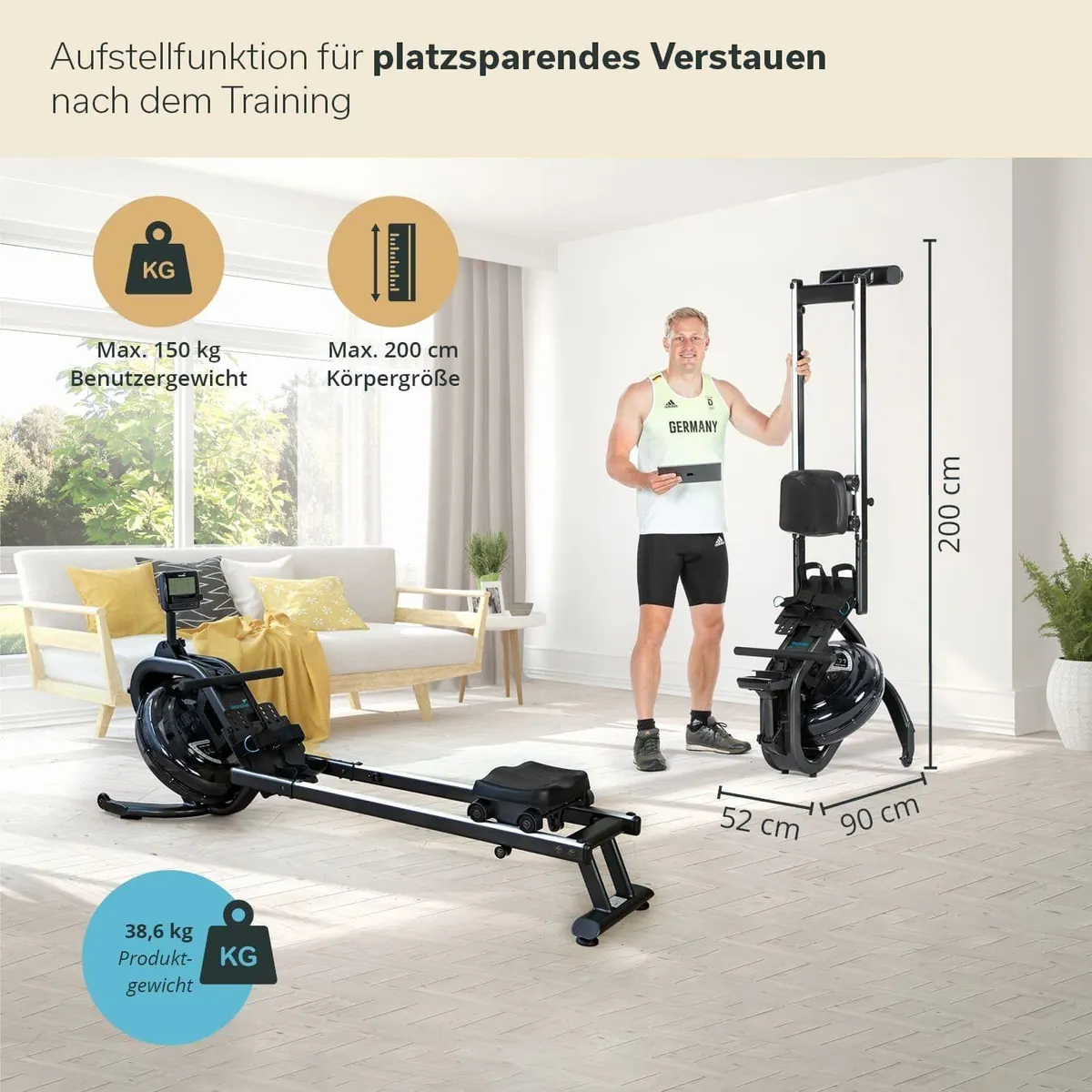 Skandika Nemo IV Rudergerät, 6 Widerstandsstufen, Bluetooth — Ergonomisch, App-kompatibel, Wasserwiderstand 3