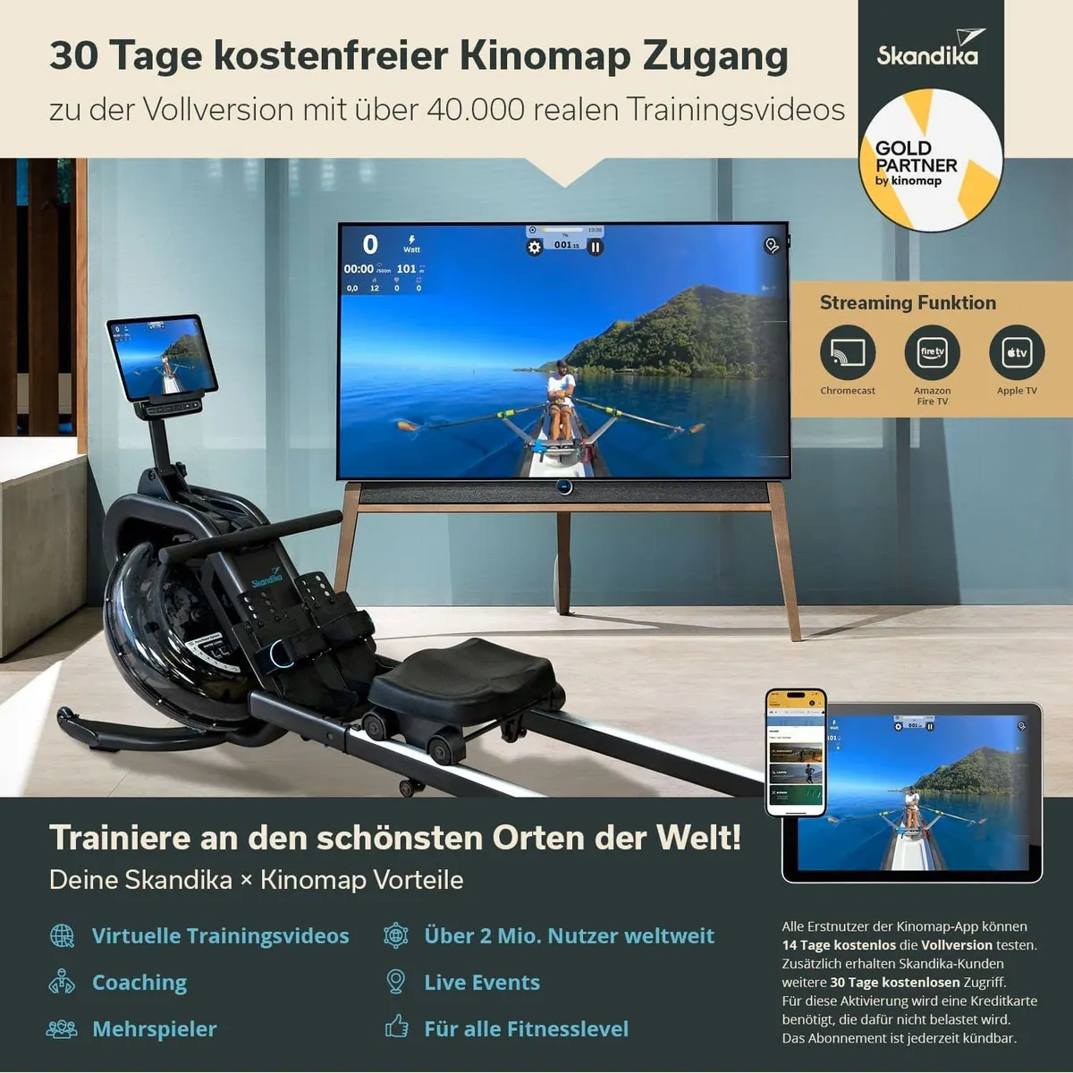 Skandika Nemo IV Rudergerät, 6 Widerstandsstufen, Bluetooth — Ergonomisch, App-kompatibel, Wasserwiderstand 4