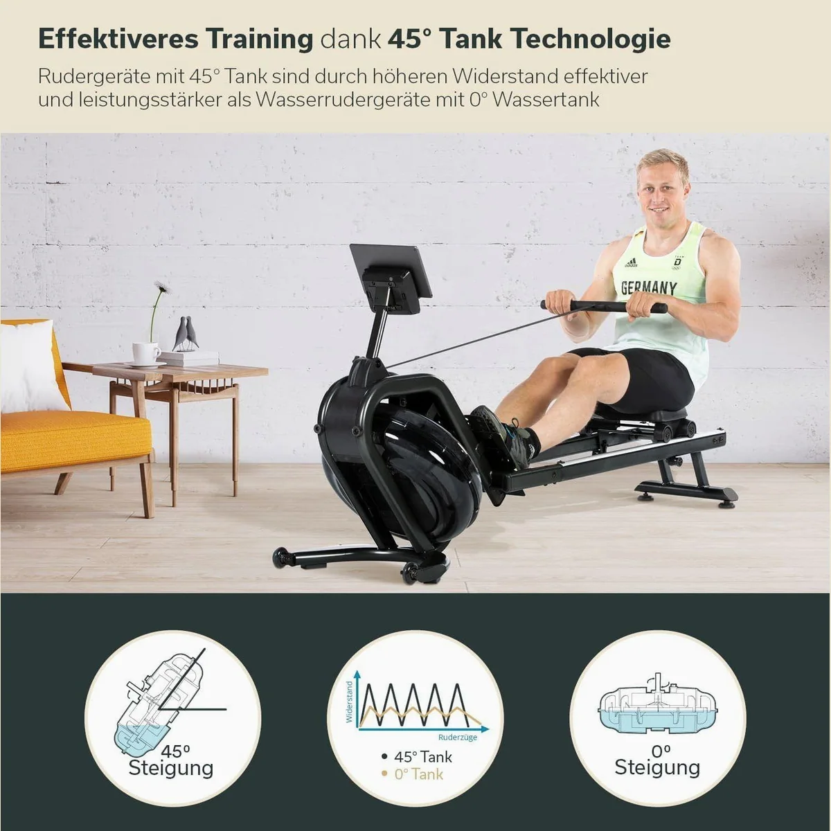 Skandika Nemo IV Rudergerät, 6 Widerstandsstufen, Bluetooth — Ergonomisch, App-kompatibel, Wasserwiderstand 5