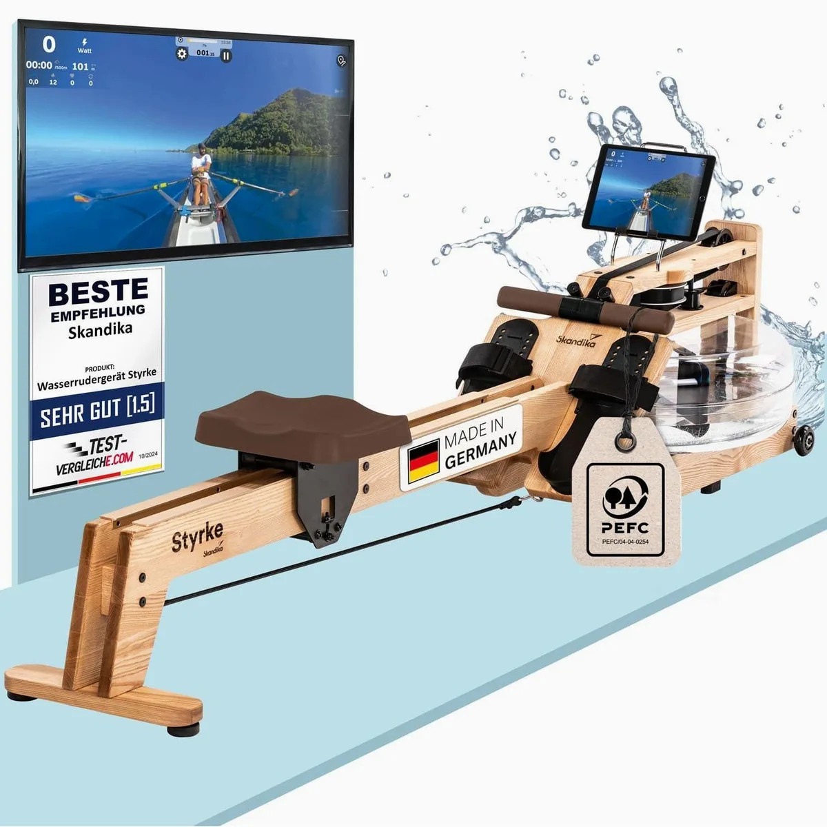 Skandika Styrke Rudergerät, Echtholz, Bluetooth, Kinomap App — bis 180 kg, platzsparend, handgefertigt