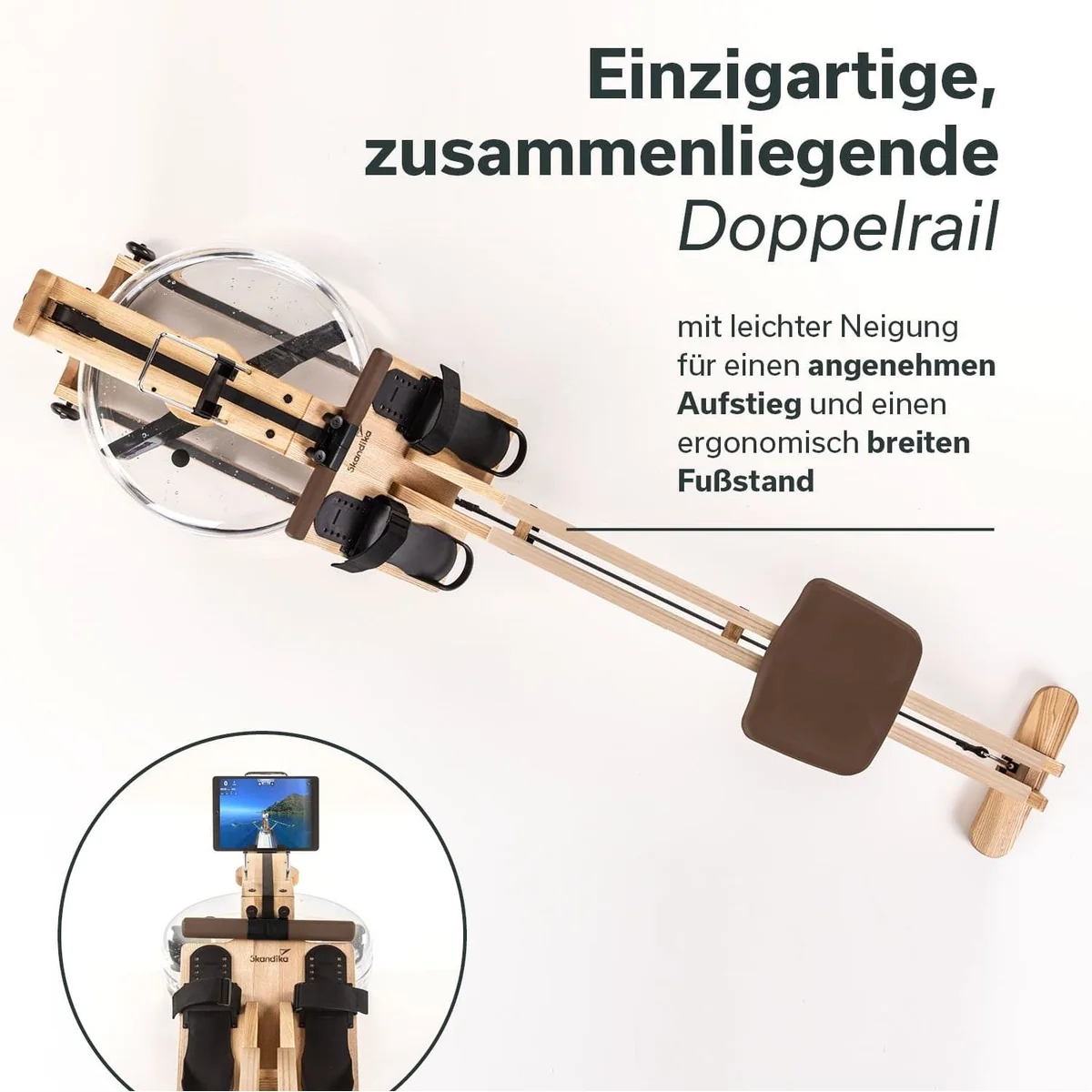 Skandika Styrke Rudergerät, Echtholz, Bluetooth, Kinomap App — bis 180 kg, platzsparend, handgefertigt 3