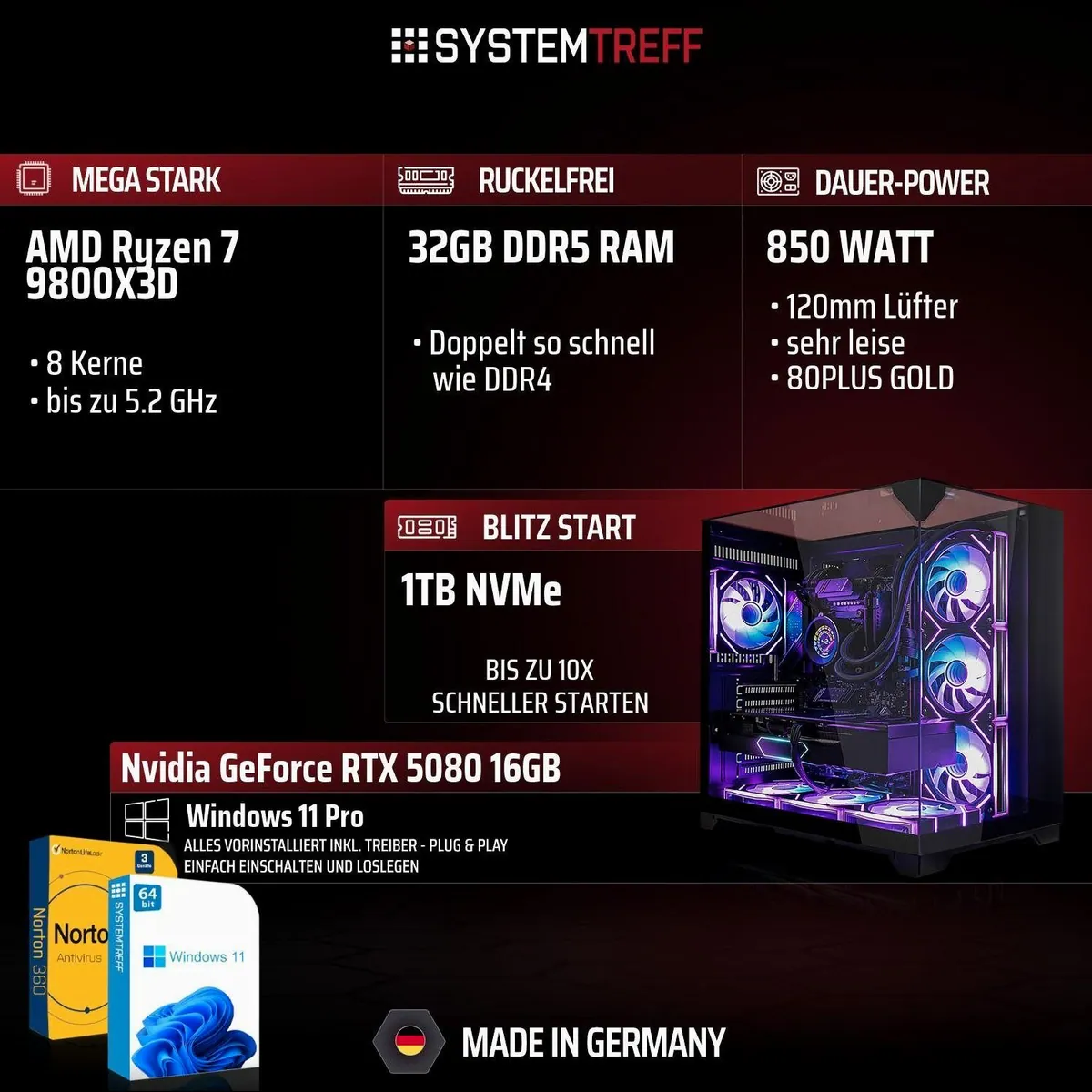 SYSTEMTREFF AMD Ryzen 7 9800X3D Gaming-PC, hohe Performance, brillante Grafik, schnelle Ladezeiten 3