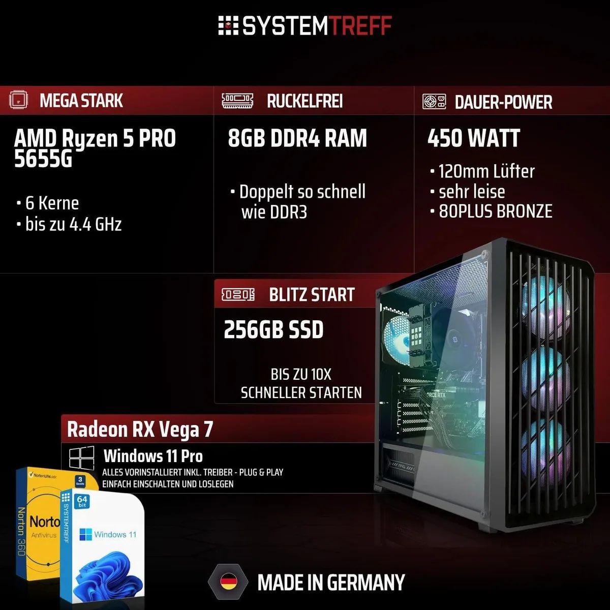 SYSTEMTREFF Basic Gaming-PC, AMD Ryzen 5 PRO 5655G, Radeon RX Vega 7, 8 GB RAM 2
