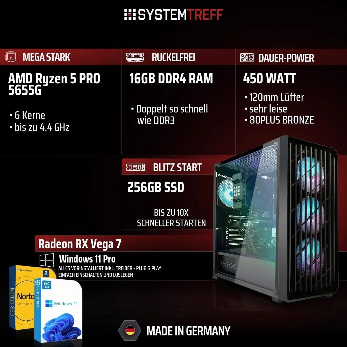 SYSTEMTREFF Basic Gaming-PC-Komplettsystem, AMD Ryzen 5 PRO, 16 GB RAM, Radeon RX Vega 7 — ideal für Online-Gaming 2