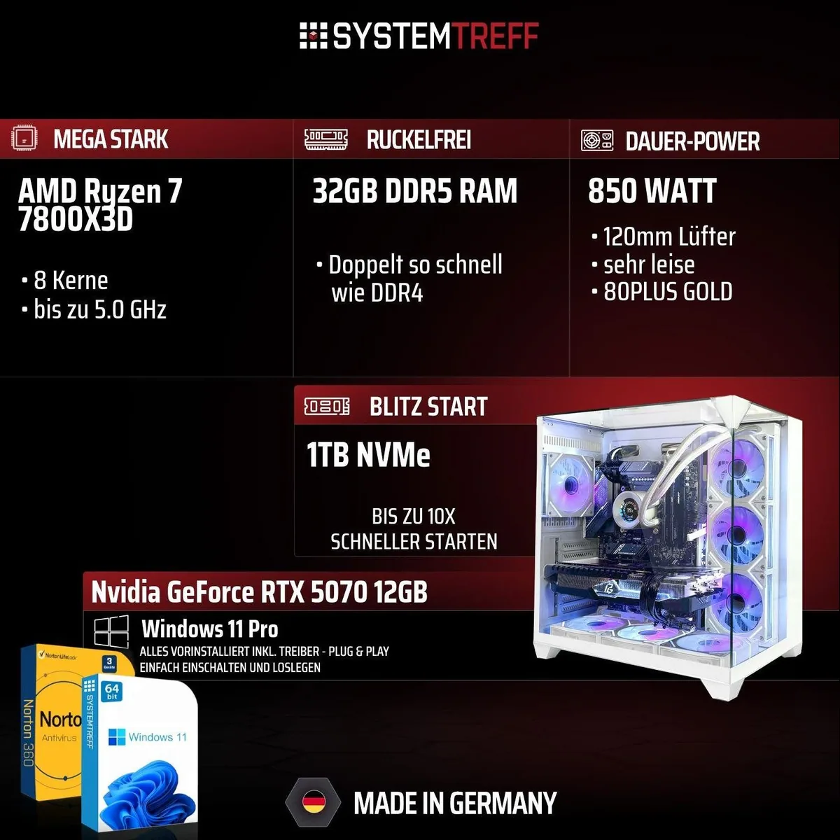 SYSTEMTREFF AMD Ryzen 7 7800X3D Gaming-PC, 32GB RAM, 1TB SSD, Nvidia GeForce RTX 5070 4