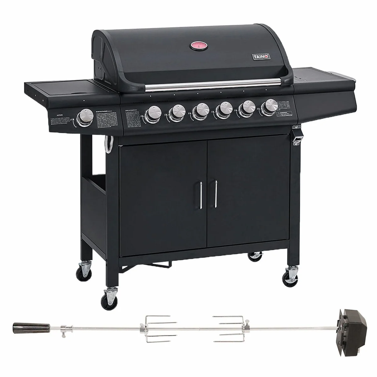 Taino RED 6+1 Gasgrill Set, 6 Edelstahlbrenner, Drehspieß, emaillierte Brennkammer