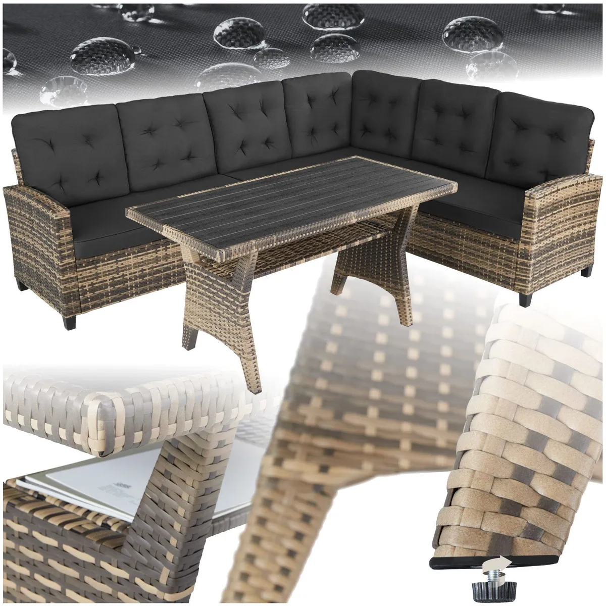 tectake Catania Loungeset, wetterfestes Polyrattan, komfortable Polster — 3-teiliges Gartenmöbelset