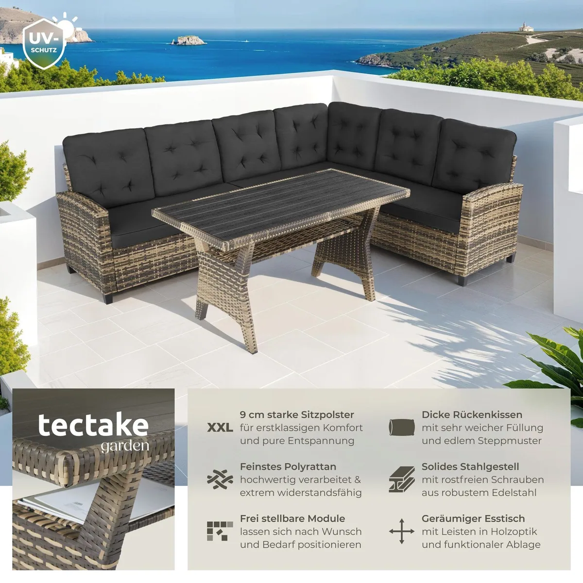 tectake Catania Loungeset, wetterfestes Polyrattan, komfortable Polster — 3-teiliges Gartenmöbelset 2