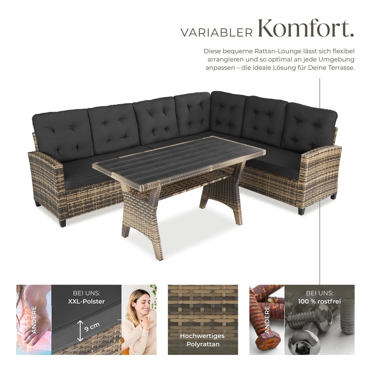tectake Catania Loungeset, wetterfestes Polyrattan, komfortable Polster — 3-teiliges Gartenmöbelset 3