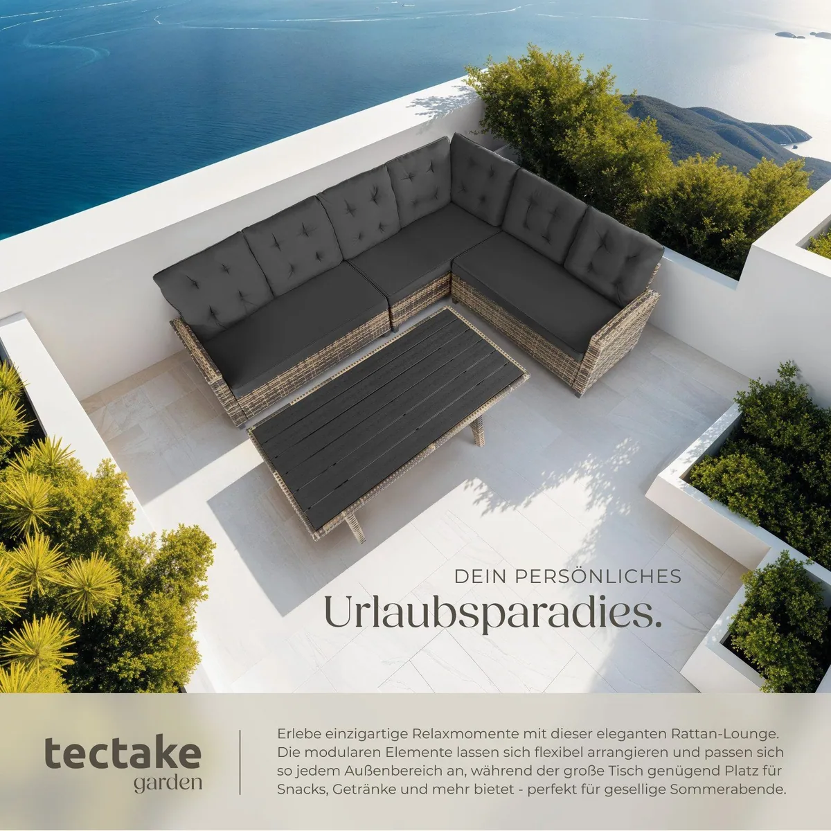 tectake Catania Loungeset, wetterfestes Polyrattan, komfortable Polster — 3-teiliges Gartenmöbelset 4