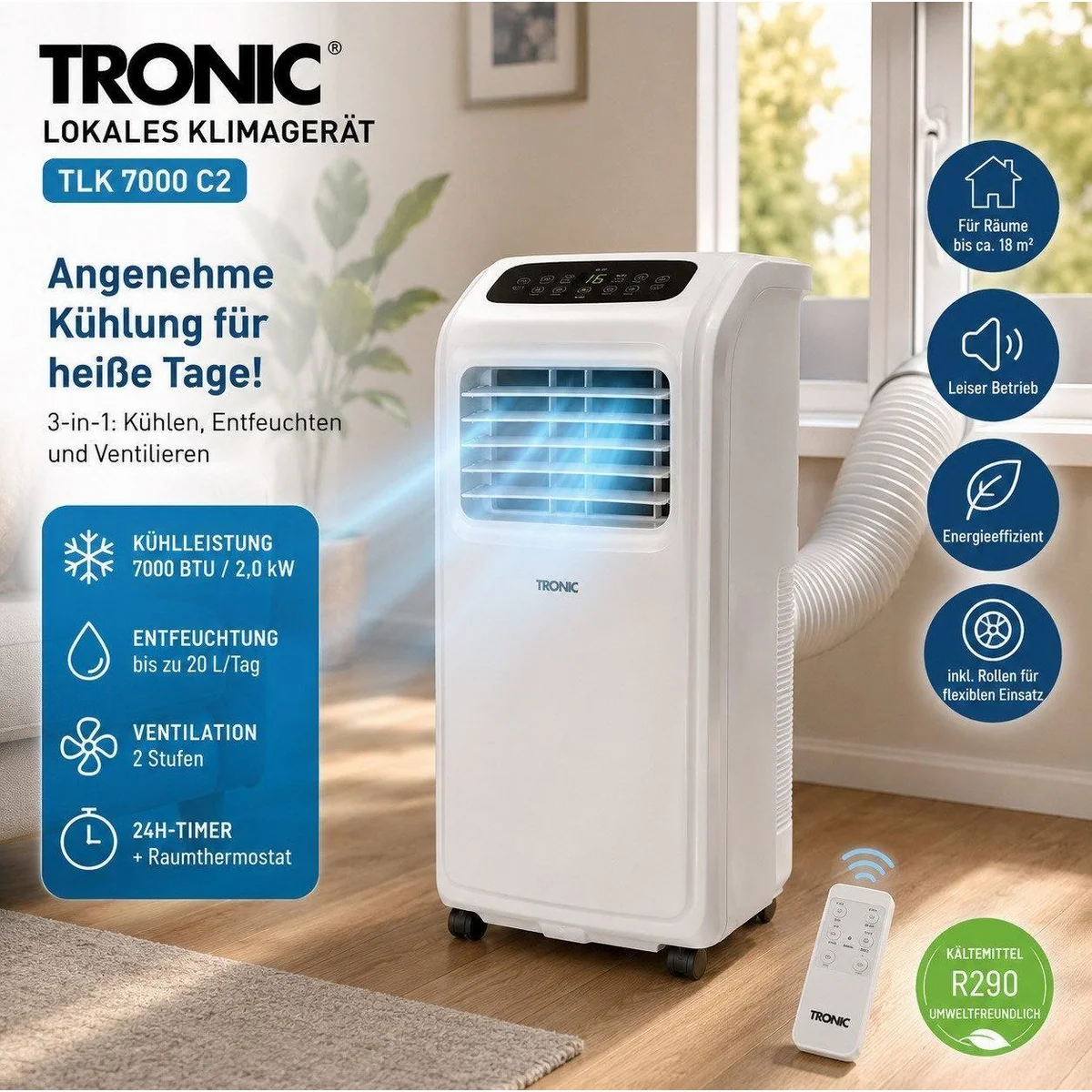 Tronic 3-in-1-Klimagerät, Kühlen, Entfeuchten, Ventilieren – 7000 BTU, inkl. Ablaufschlauch