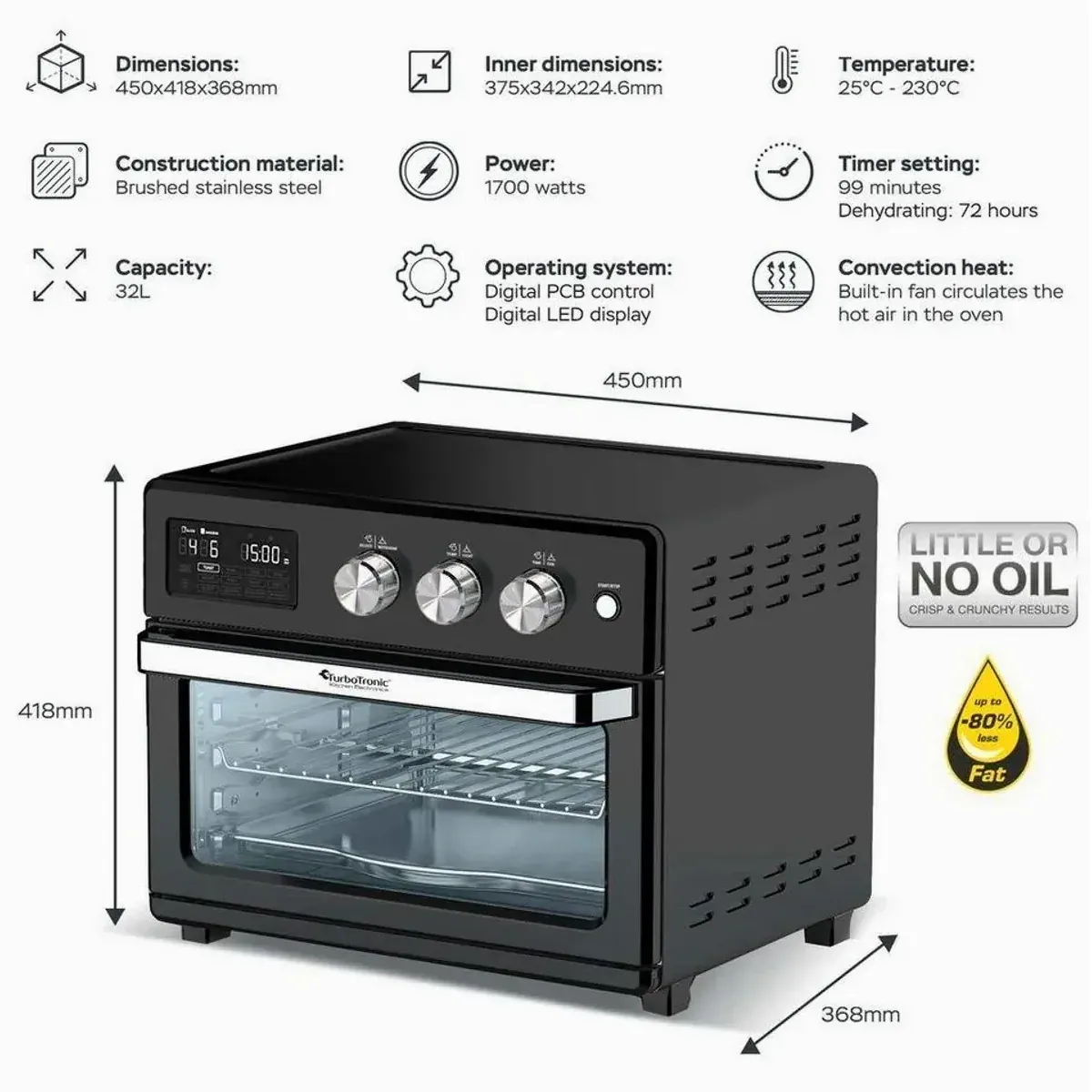 TurboTronic by Z-Line Minibackofen XL 32 L, vielseitig, 4 Garprogramme, 360°-Luftzirkulation 2