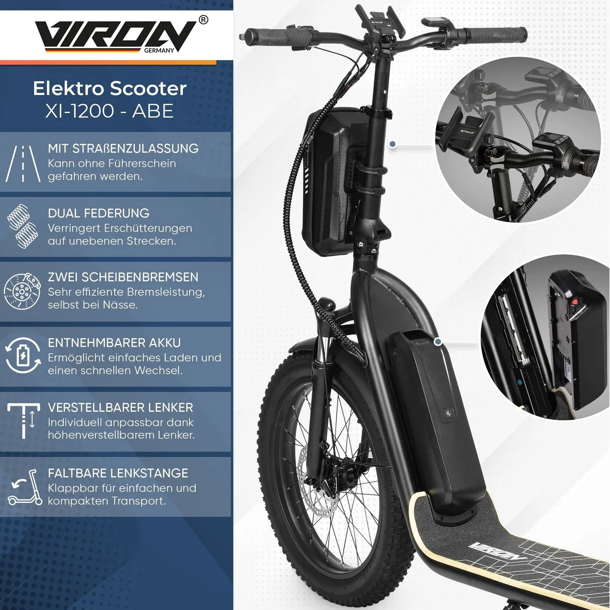 VIRON XI-1200-S E-Scooter, 500 W Motor, höhenverstellbarer Lenker 2
