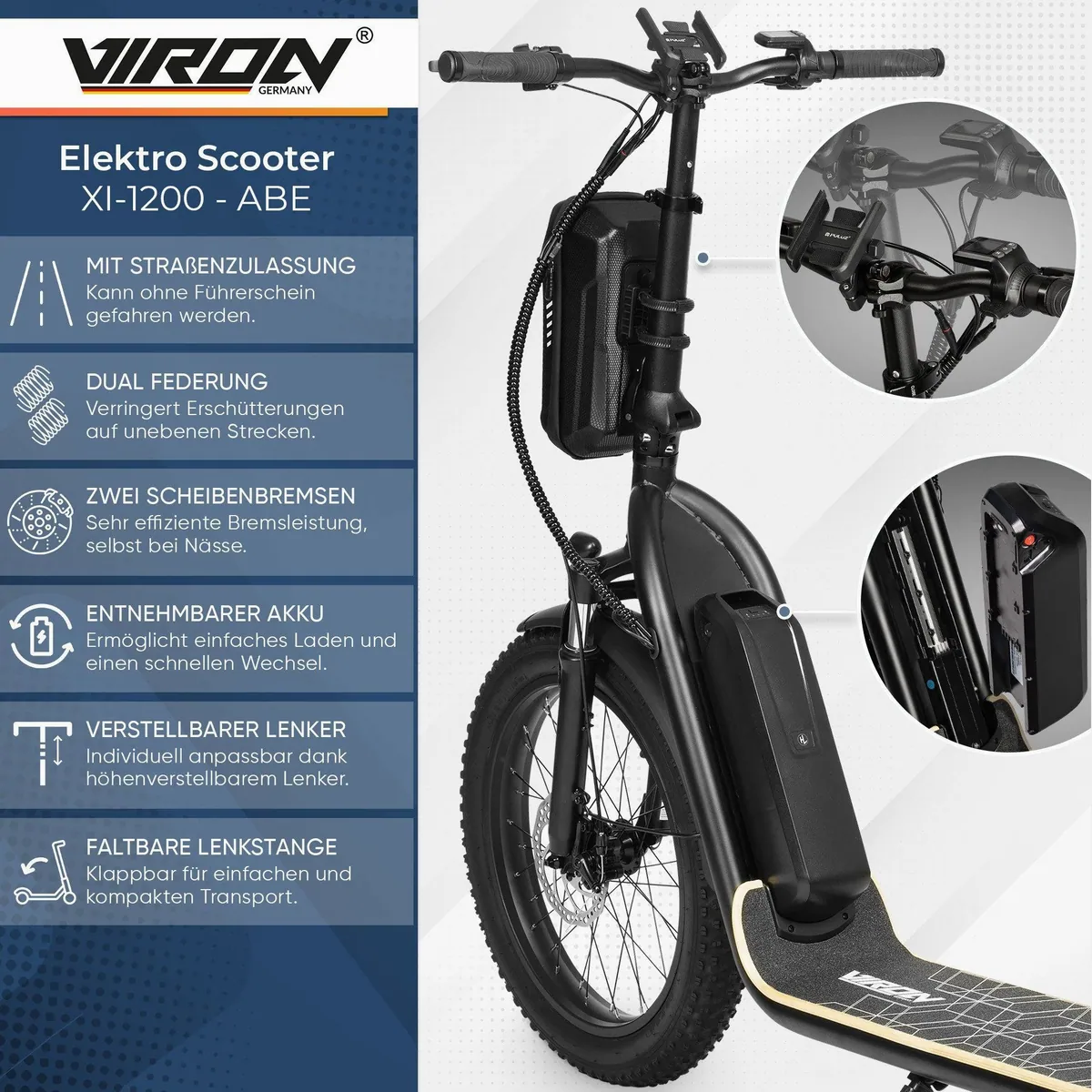 VIRON XI-1200-S LongRange E-Scooter, 500 W Motor, 70 km Reichweite 2